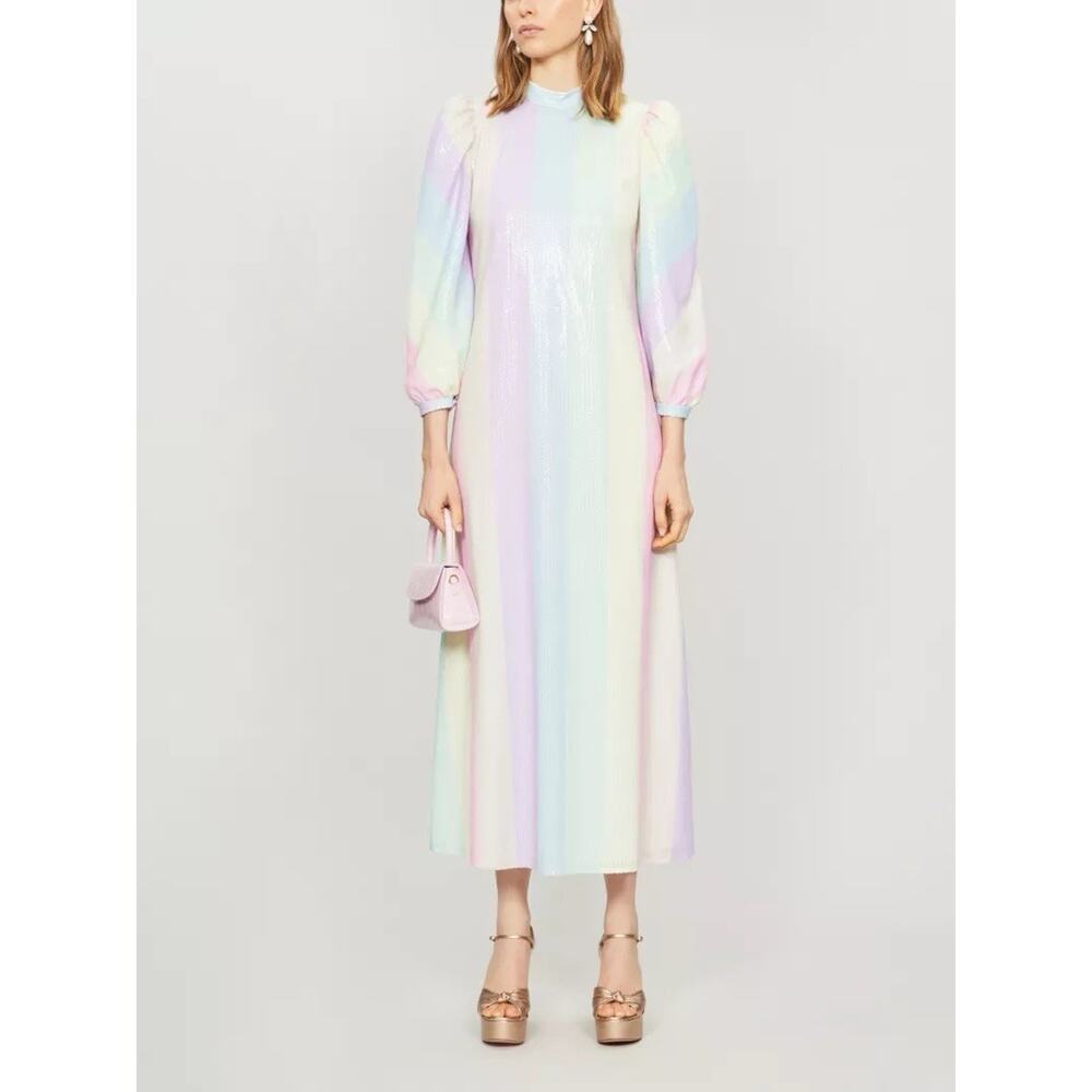 NWT Olivia Rubin Edie Pastel Sequin Striped Maxi Dress Size US 0 UK 4 Open Back